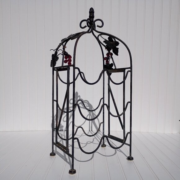 Wrought Iron Wine Rack 6 Bottle Holder Lucite Grape Accents MCM Tuscan Decor Vtg - Picture 1 of 16